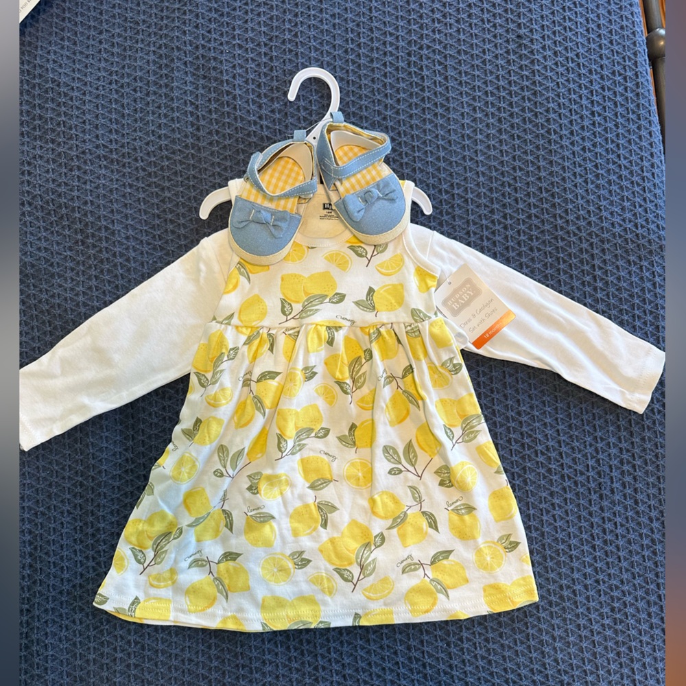 NWT Hudson Baby Lemon Print Dress with Cardigan and Blue Sandals